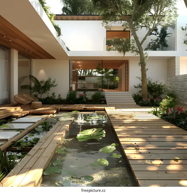 Courtyard with a pond and a wooden walkway