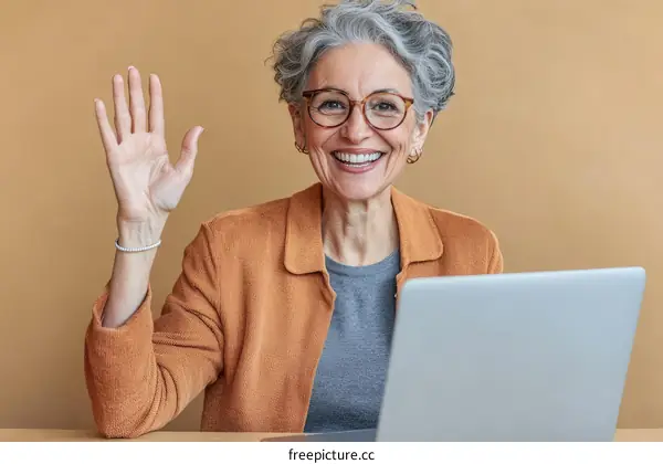 Smiling Senior Woman with Gray Hair Waving Hello