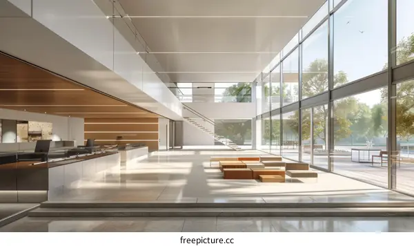 Modern Office Lobby with Impressive Staircase and Windows