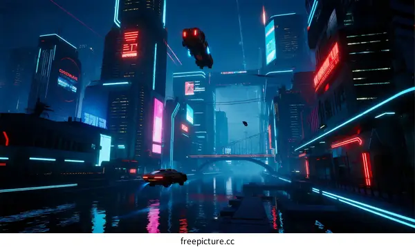 Futuristic cyberpunk cityscape with flying cars and neon lights
