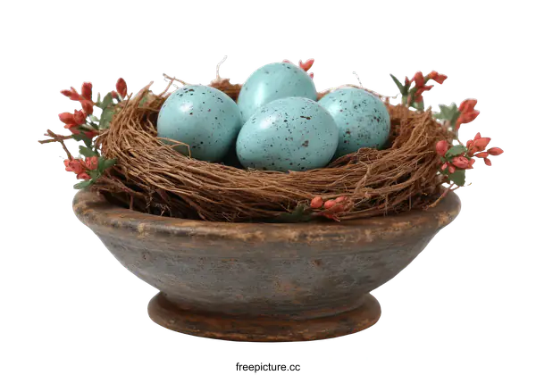 [Transparent Background PNG]Rustic Bird Nest Bowl with Teal Eggs