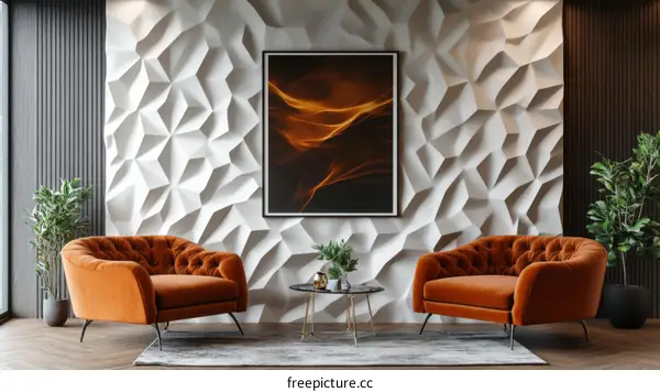 Modern Living Room with Orange Velvet Armchair and Geometric Wall