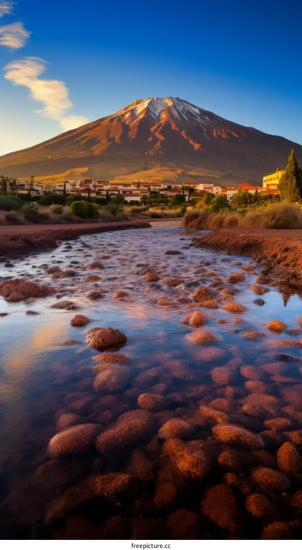 Small town near a snow-capped volcano