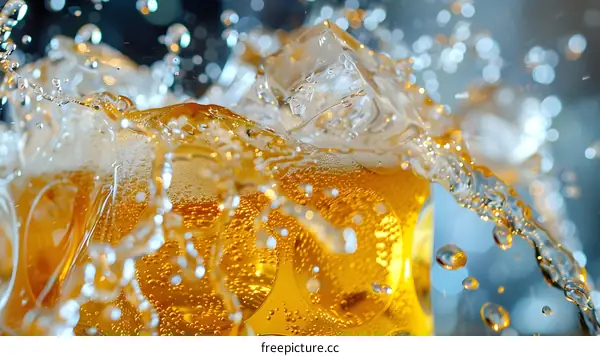 Close Up of a Splashing Beer with Ice Cubes