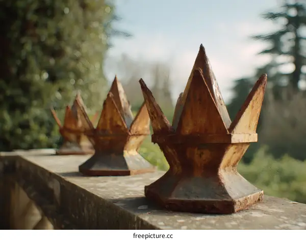 Rustic Ornate Metal Fence Caps on Stone Wall