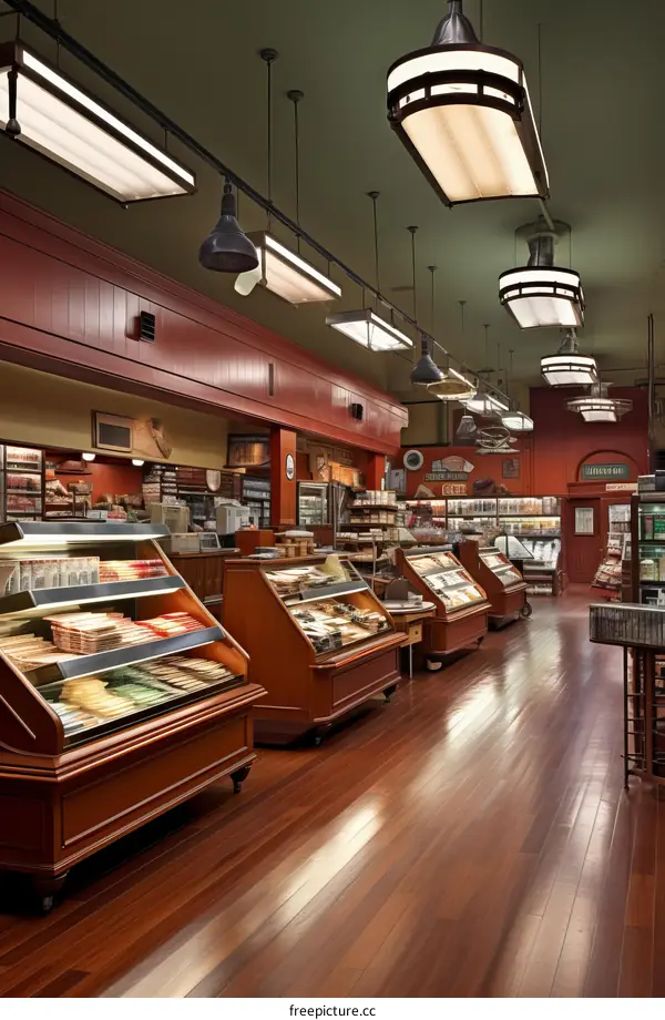 Grocery store interior with wooden shelves and counters