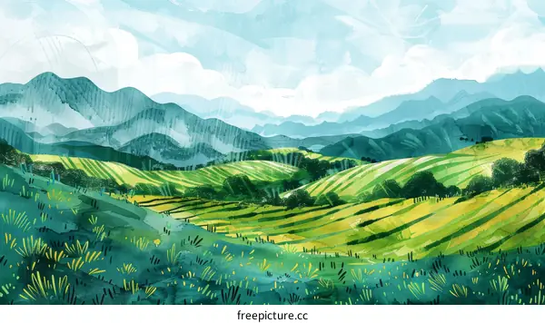 Abstract Watercolor Landscape Painting With Green Hills