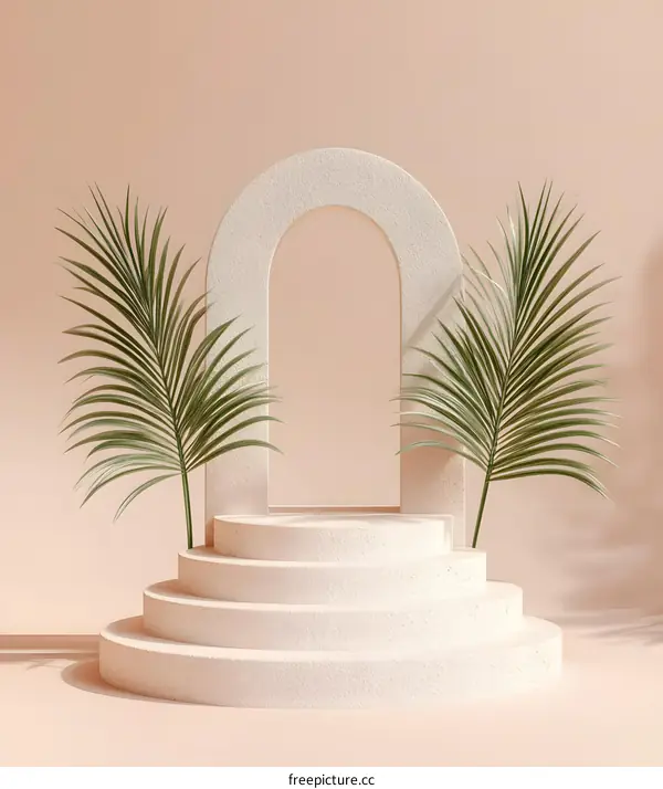 Minimalist Stone Archway with Palm Leaves for Product Display