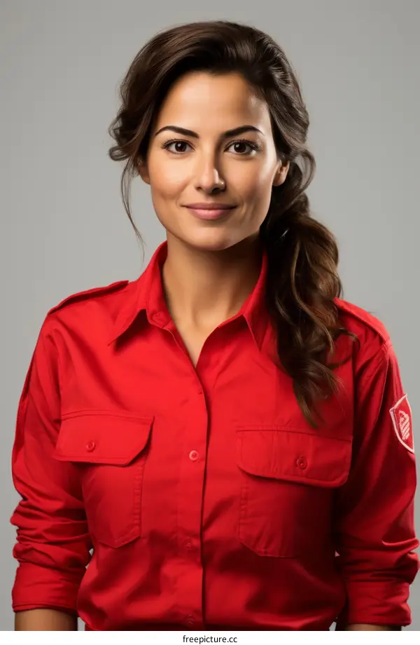 Portrait of a young female firefighter in red uniform