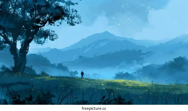 Silhouette of a Man Standing in a Field with Mountains and a Starry Sky in the Background