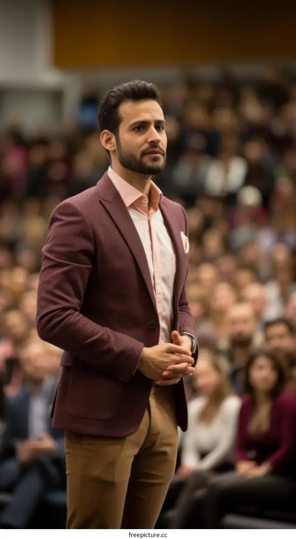 Young male professional giving presentation at conference