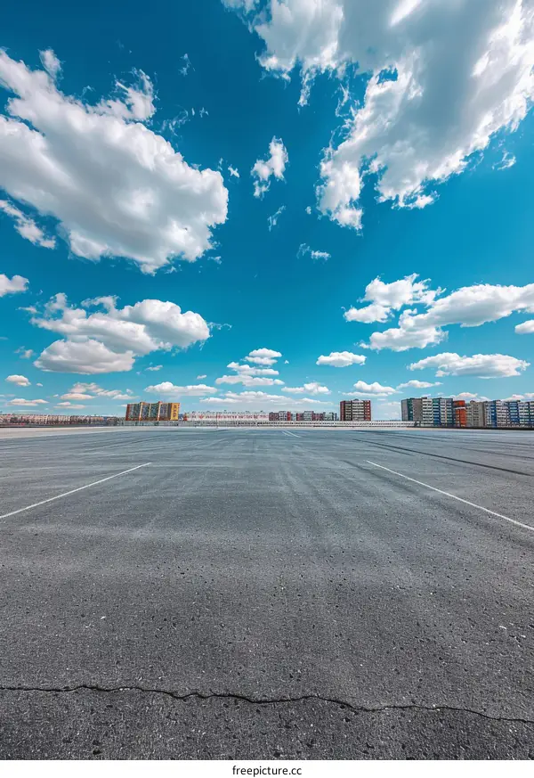 An expansive empty parking lot on a sunny day under a bright blue sky and white clouds