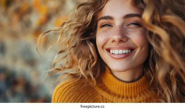 Beautiful Woman with Curly Hair Smiling Outdoors