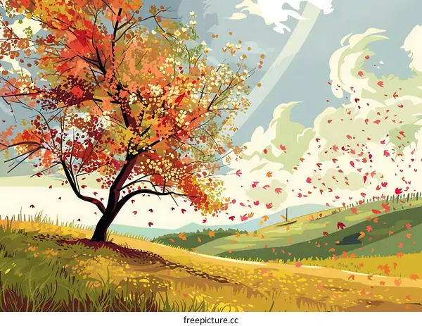 Autumn Landscape With Colorful Tree And Falling Leaves