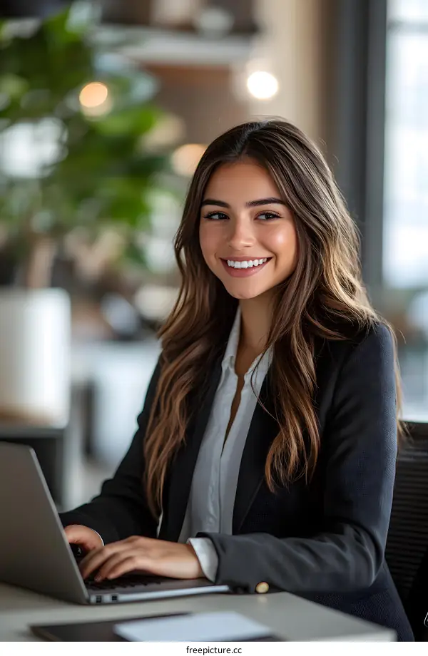 Smiling Woman Working on a Laptop