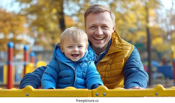 Father and Son Enjoying Autumn Day at Playground