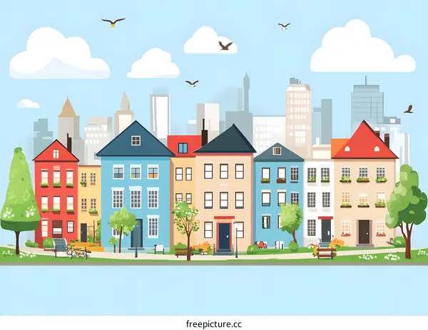 Colorful Row Houses In Front Of City Skyline Illustration
