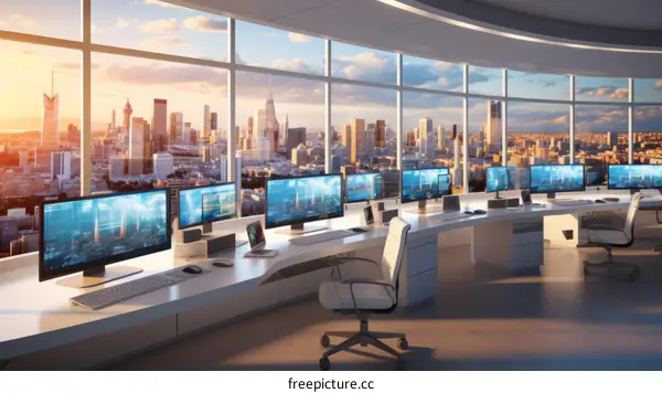 Control Room with City Skyline View