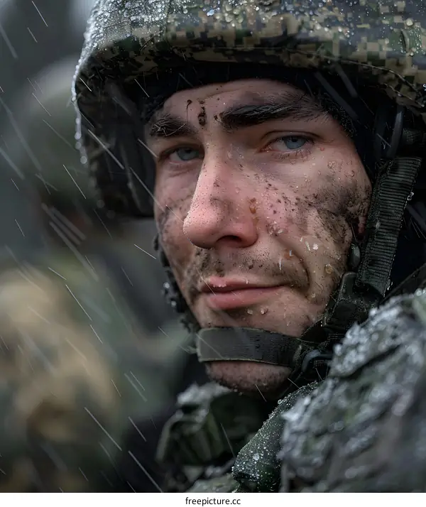 Portrait of a young male soldier wearing a military helmet and looking at the camera with a determined expression. His face is wet from the rain.