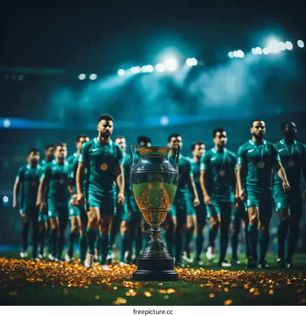 Ecstatic Football Players Celebrating Victory with Golden Trophy