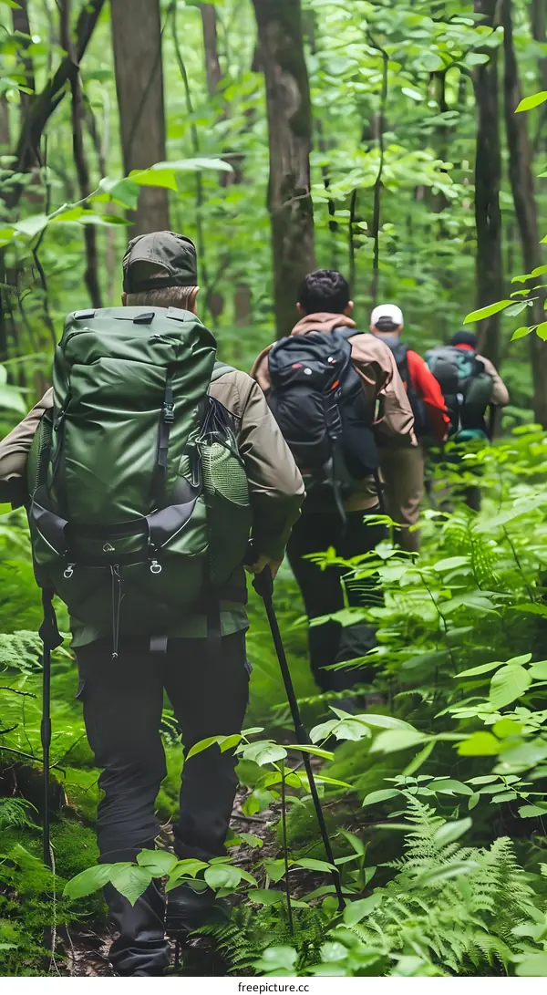 Hiking Group In Forest Walking On Trail With Backpacks