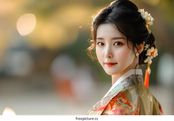 Portrait of a beautiful Asian woman in traditional Korean dress, or Hanbok