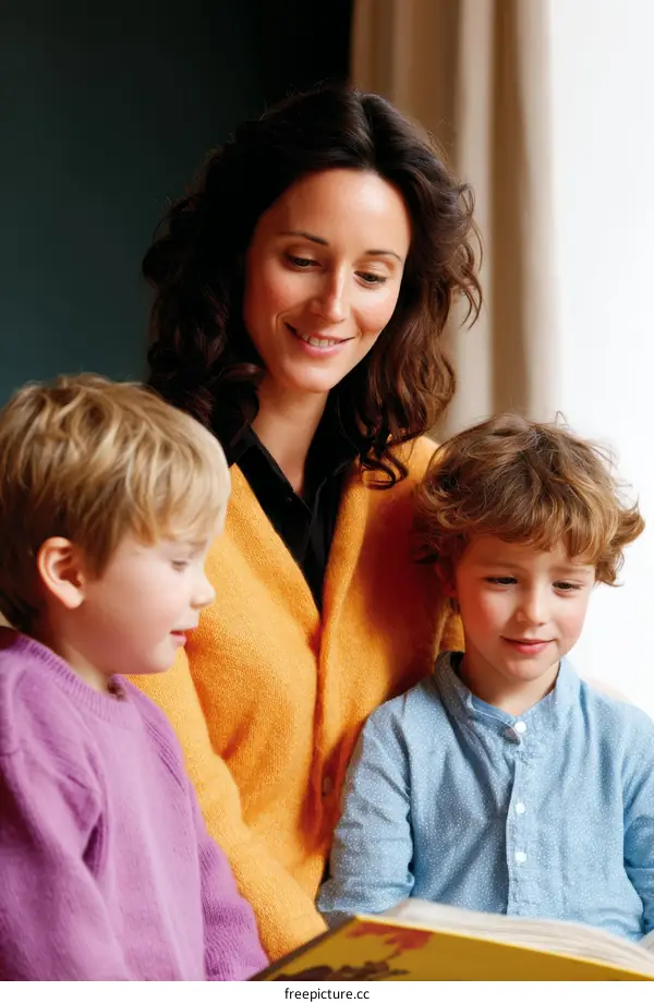 Mother Reading Story to Children Education