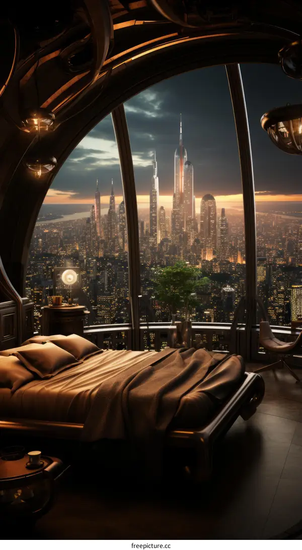 Futuristic Cityscape View from a Modern Bedroom
