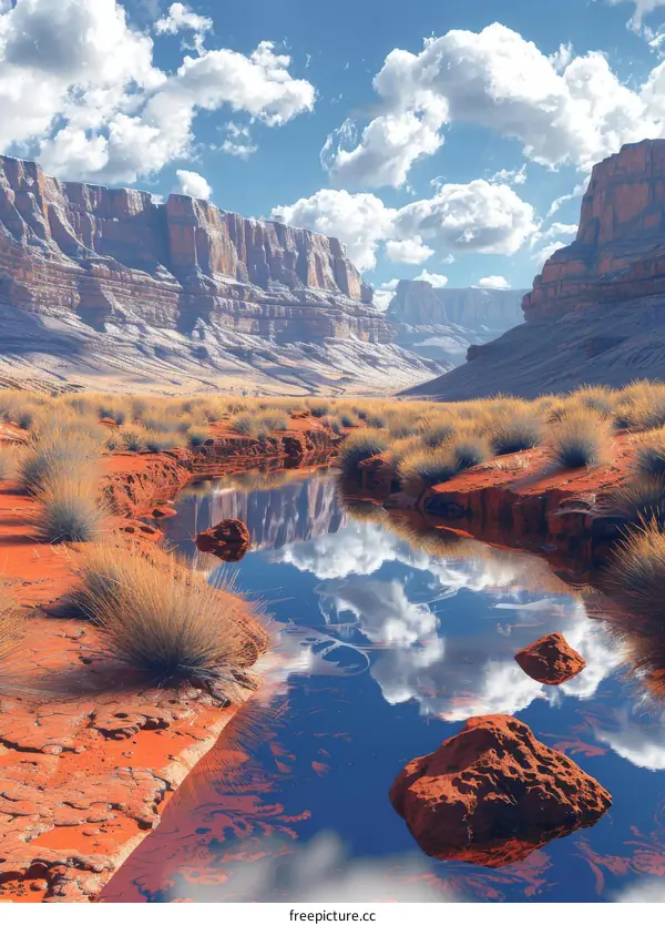 Arid Desert Landscape with Red Rocks and Water