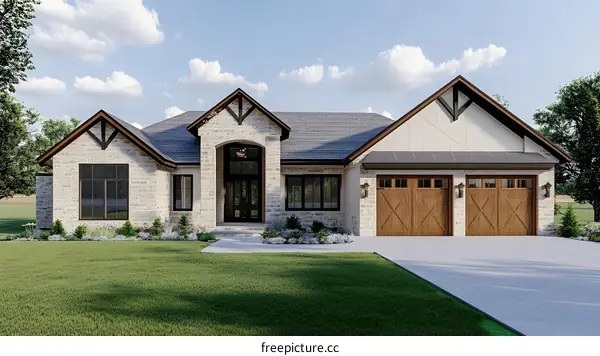 Modern Farmhouse with Stone and Wood Exterior
