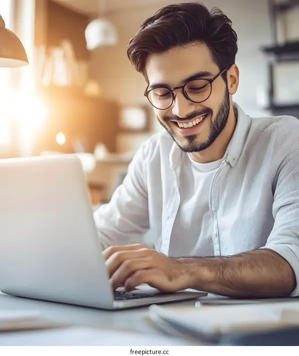 Smiling Man Working on Laptop in Modern Office
