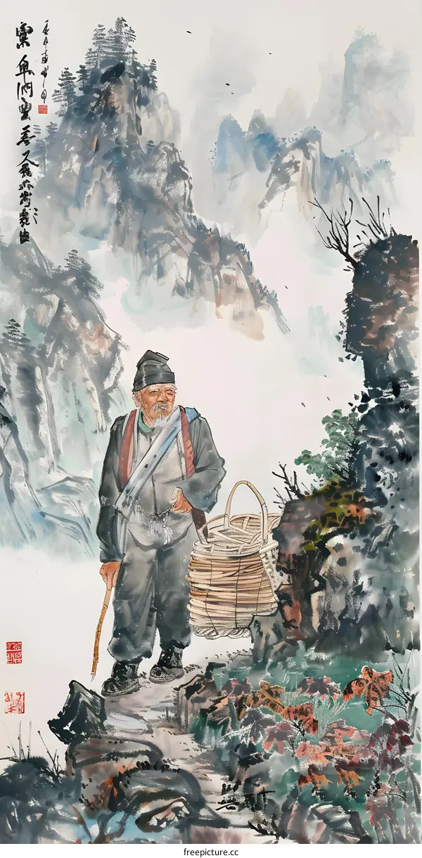 Chinese Watercolor Painting of an Old Man Carrying a Basket in the Mountains