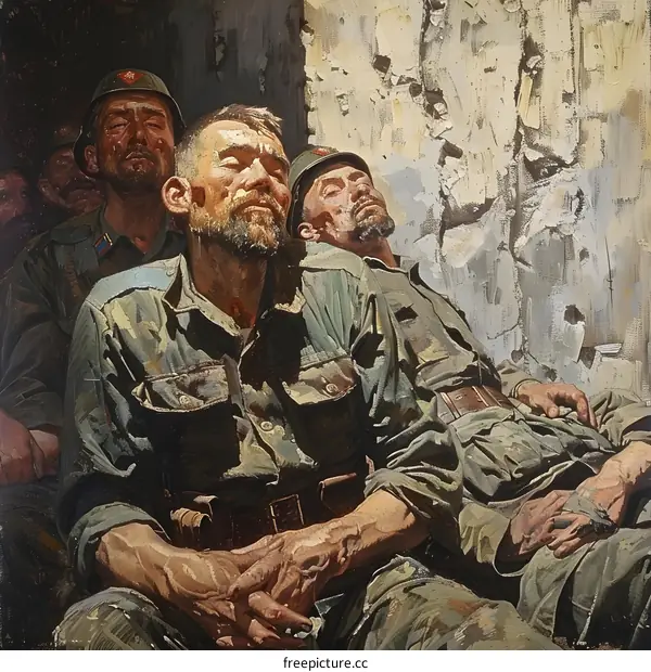 Three soldiers are resting