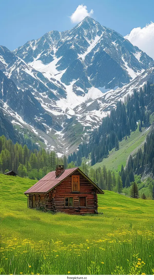 Small wooden cabin in a green valley with snow-capped mountains in the background
