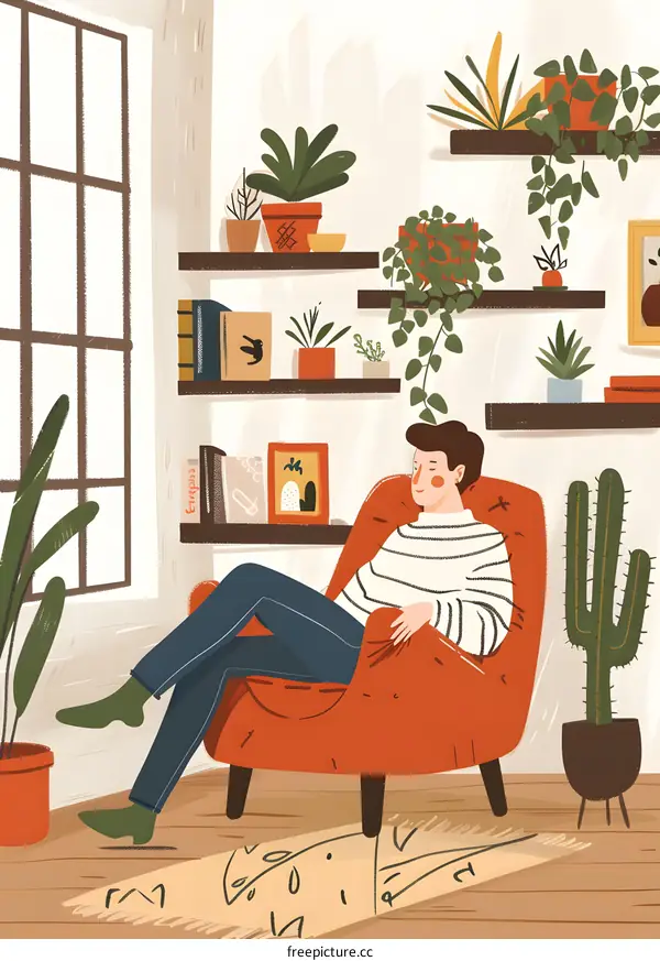 Man Relaxing in Armchair with Plants and Books