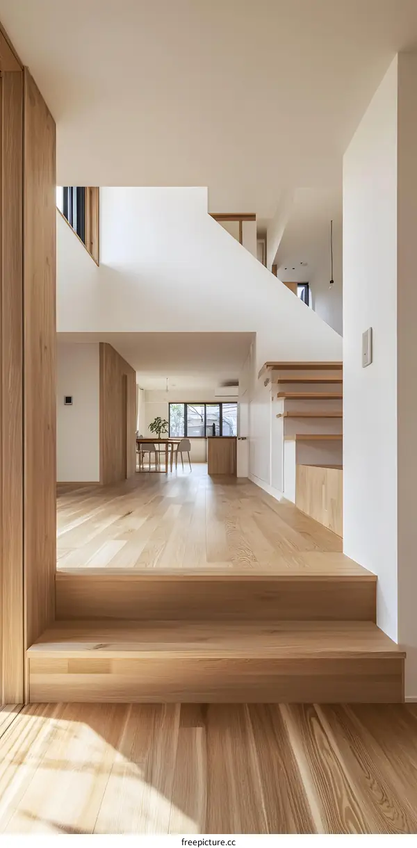 Modern Minimalist Home Interior Design with Wooden Stairs and Floor
