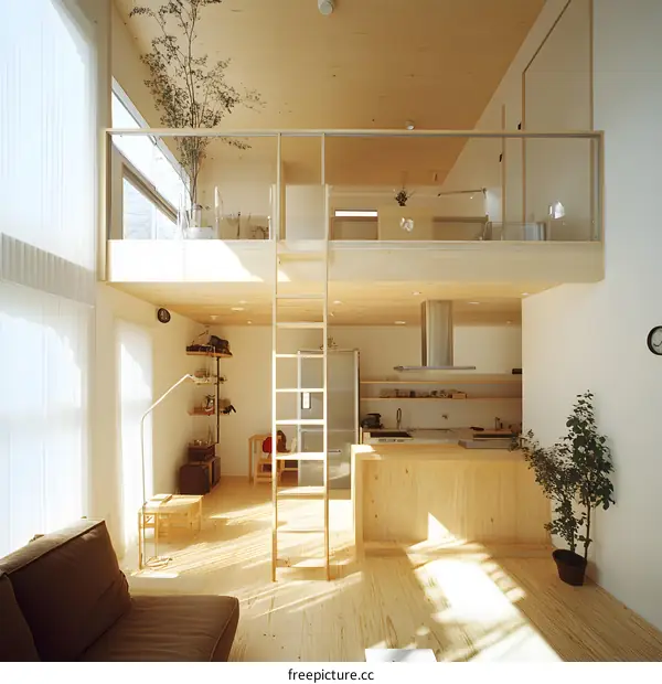 Modern Minimalist Loft Apartment Interior Design With Wooden Flooring And A Ladder To The Second Floor