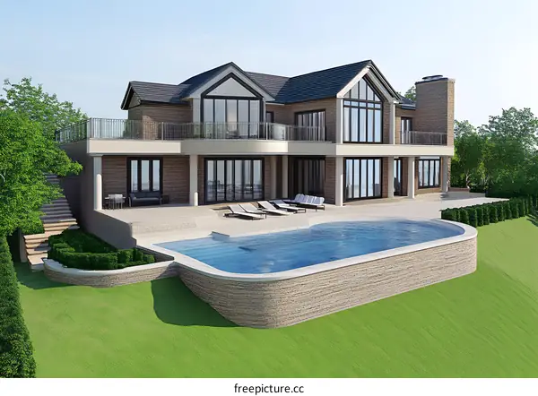 Modern House with Swimming Pool and Green Lawn