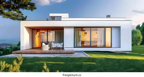 Modern Minimalist House Design with Large Windows and Deck