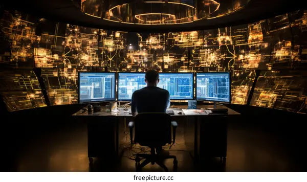 Man Working on Multiple Computers in a Darkened Room