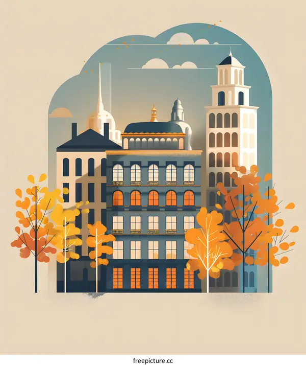 Autumn Cityscape with Tall Buildings and Yellow Trees