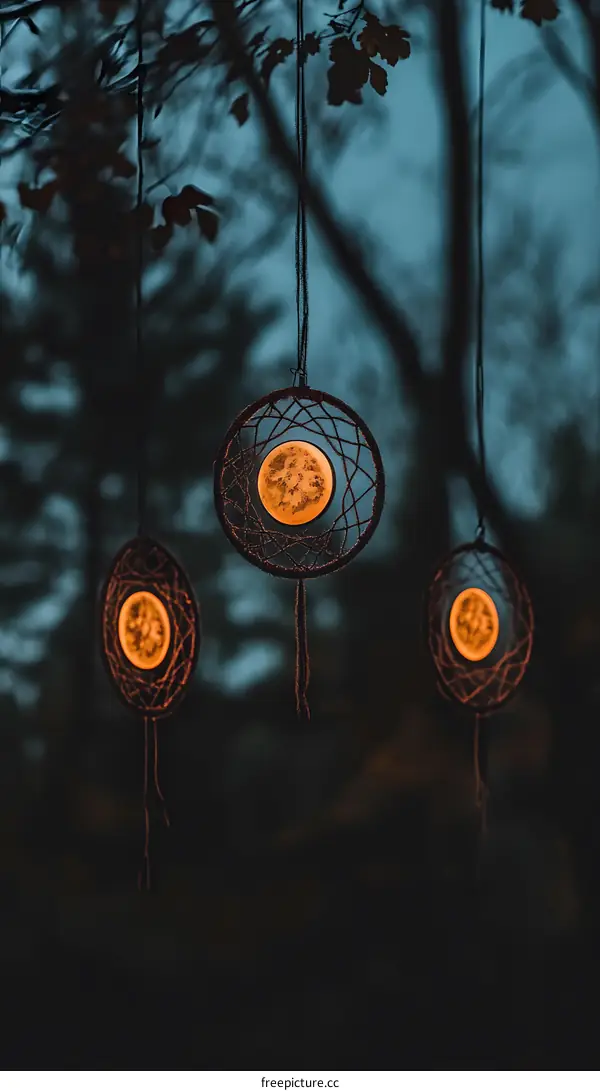 Three Dreamcatchers Hanging From Branches With The Moon Inside