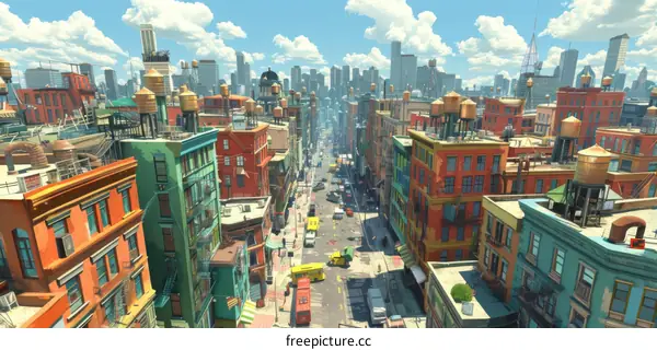 Bustling City Street with Pedestrians and Traffic