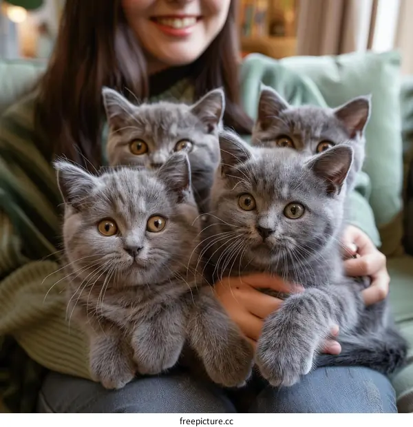 A woman is holding three British shorthair kittens in her arms
