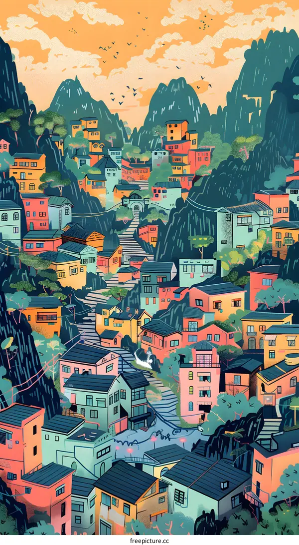 Colorful Buildings and Mountains Landscape Illustration