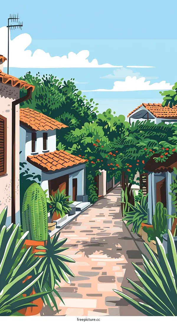 Charming Mediterranean Street With Red Roof Houses and Lush Green Foliage