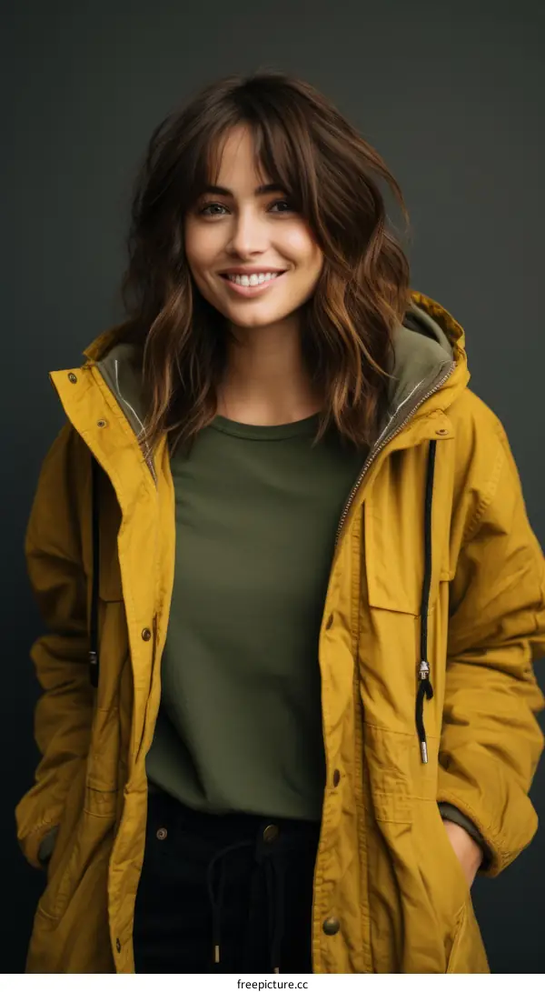 Portrait of a smiling young woman with brown hair wearing a yellow jacket