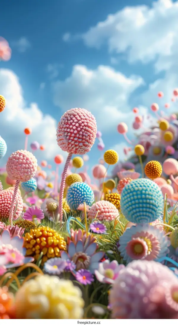 A field of colorful flowers under a blue sky