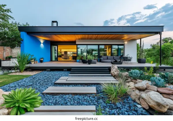 Modern House with Blue Exterior and Landscaping