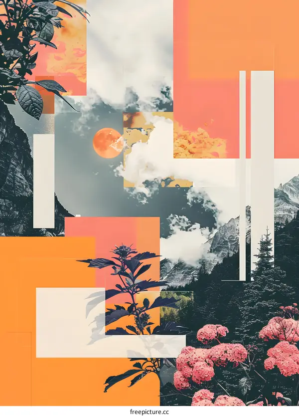 Abstract Collage with Moon and Mountains